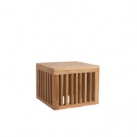 square teak coffee table has asymmetrically arranged wooden slats